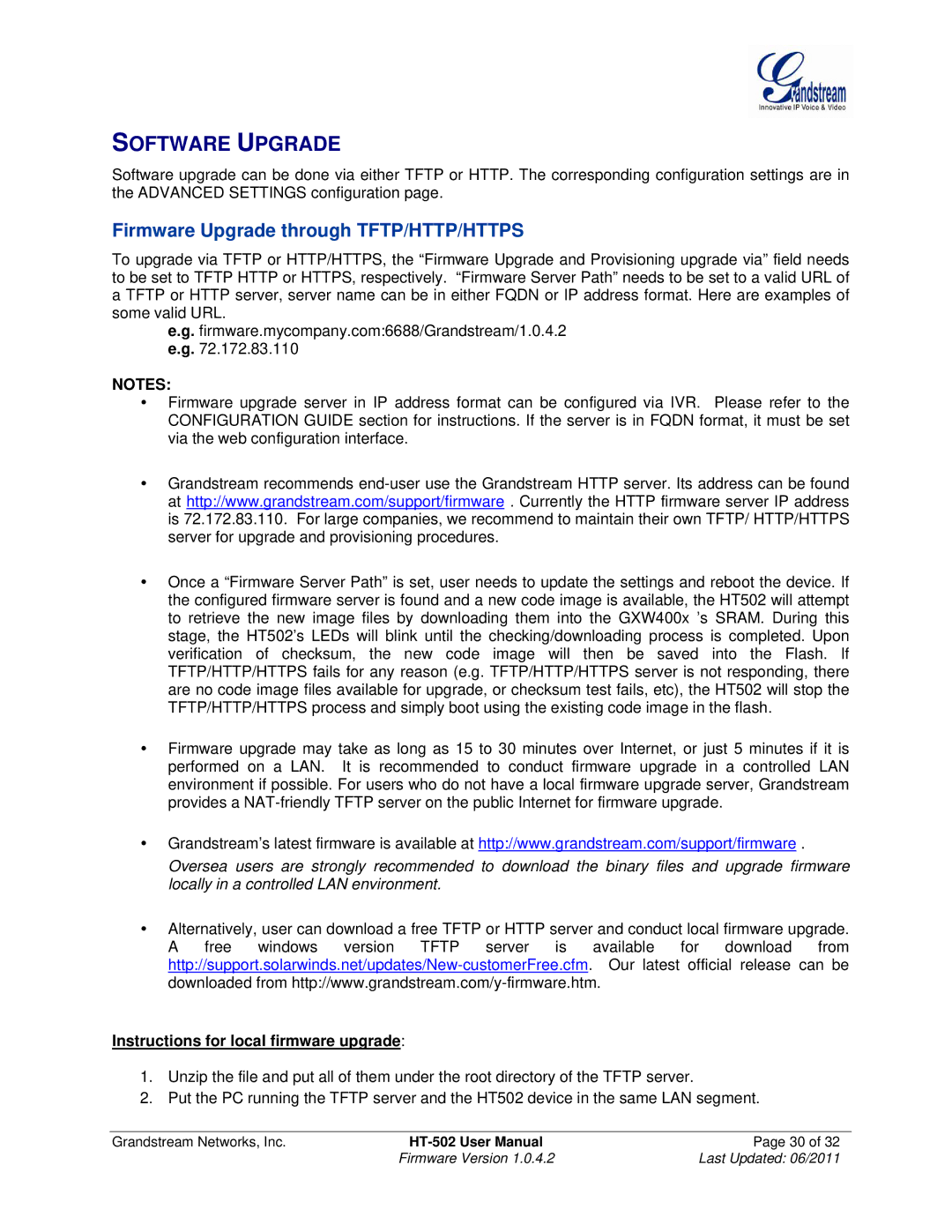 Grandstream Networks HT502 user manual Software Upgrade, Firmware Upgrade through TFTP/HTTP/HTTPS 