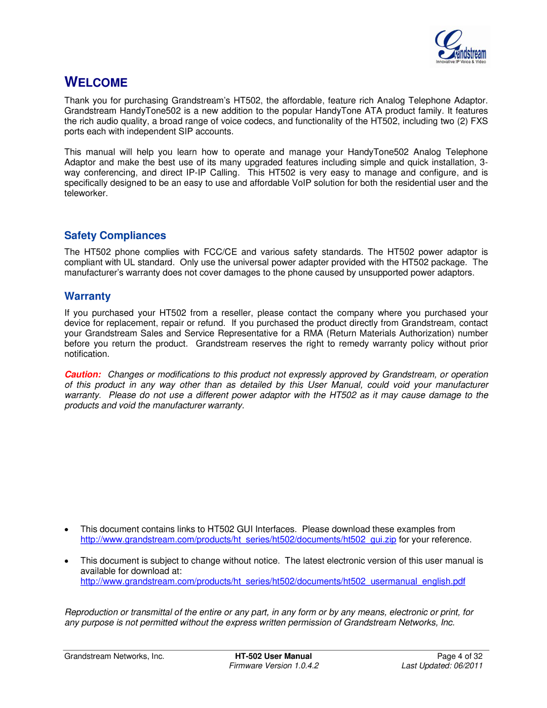 Grandstream Networks HT502 user manual Welcome, Safety Compliances, Warranty 