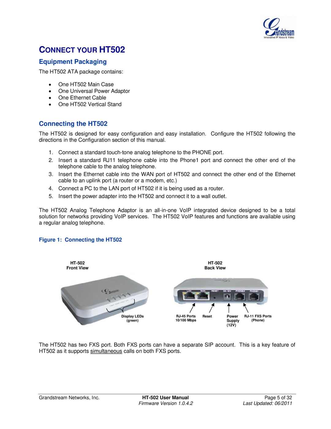 Grandstream Networks user manual Connect Your HT502, Equipment Packaging, Connecting the HT502 