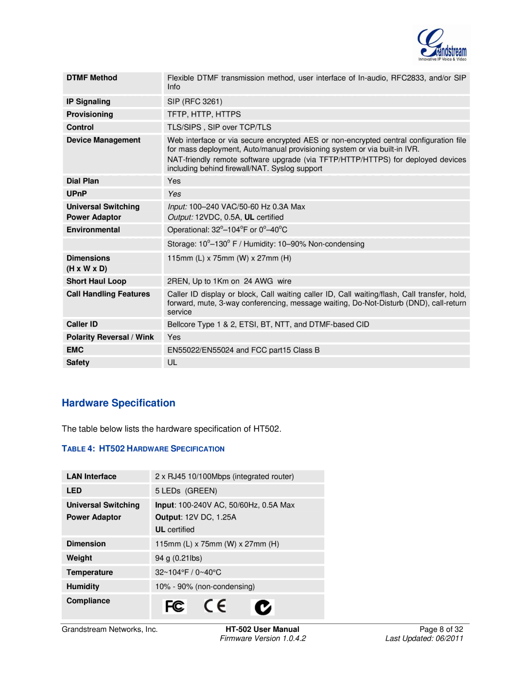 Grandstream Networks HT502 user manual Hardware Specification, Emc, Led 