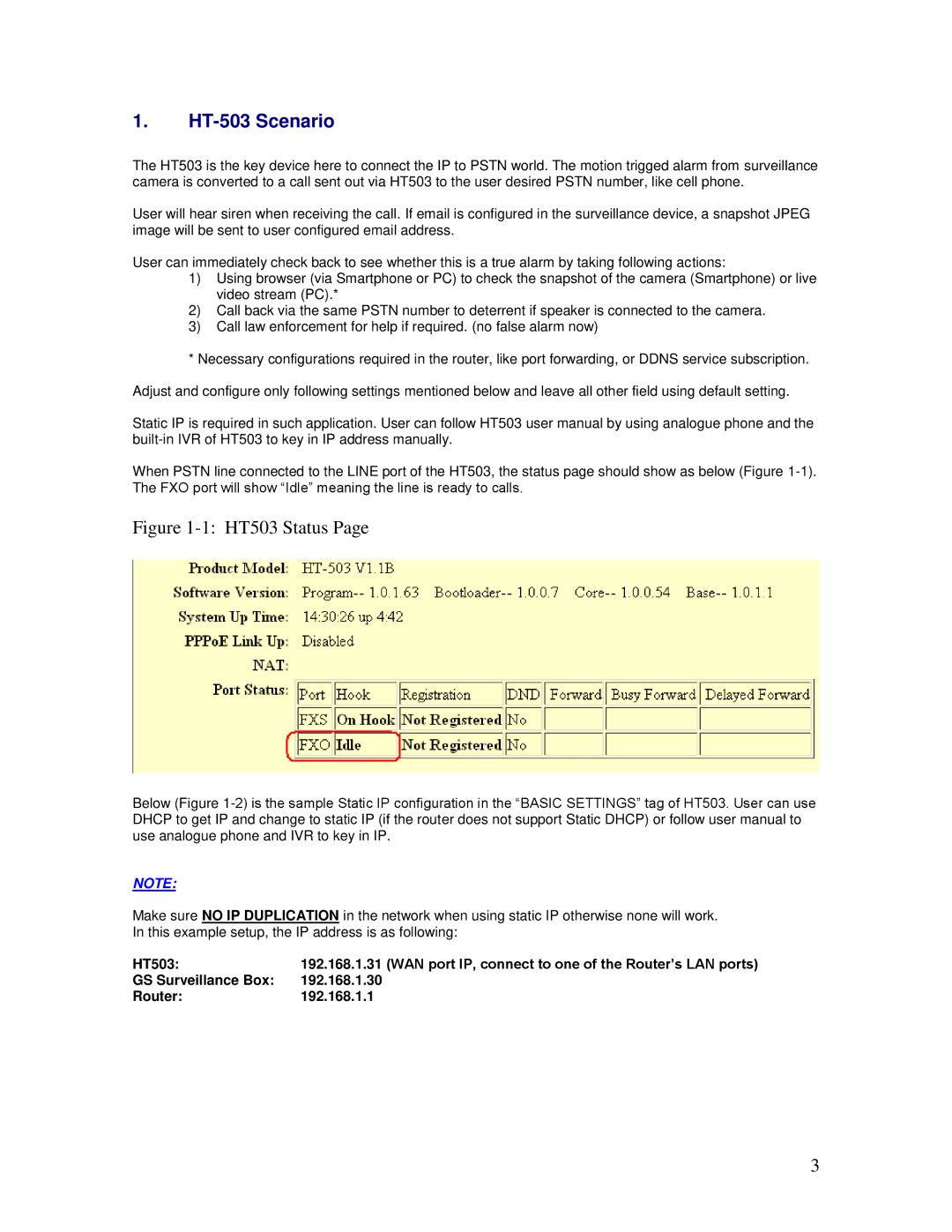 Grandstream Networks manual HT-503 Scenario, HT503 Status 