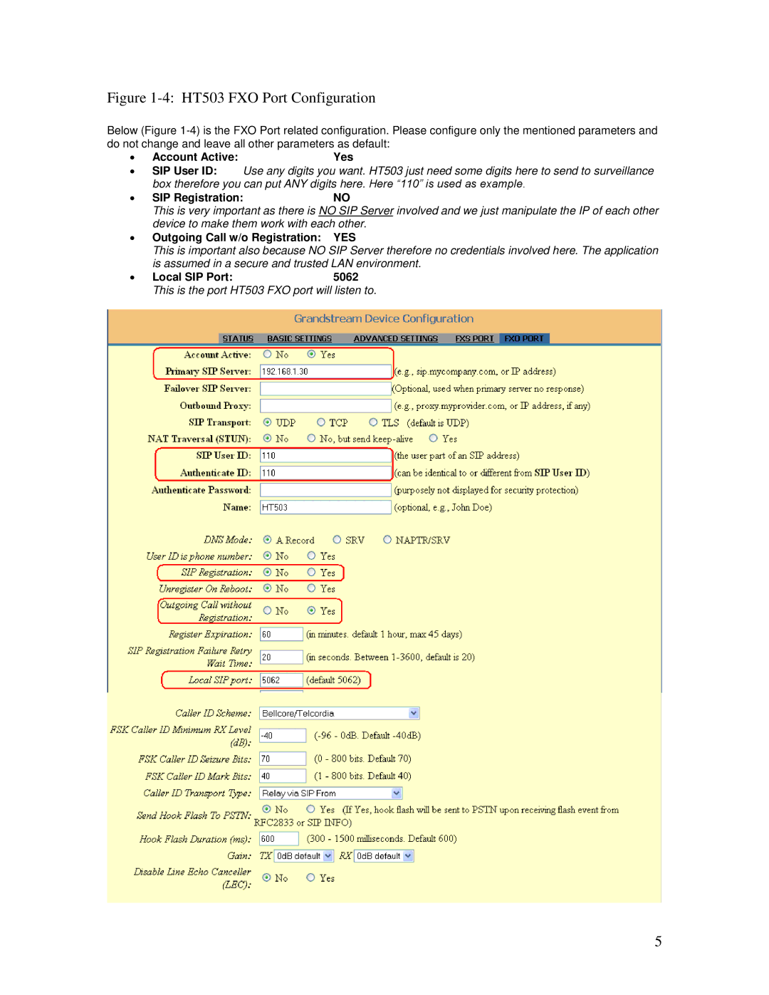 Grandstream Networks manual HT503 FXO Port Configuration 