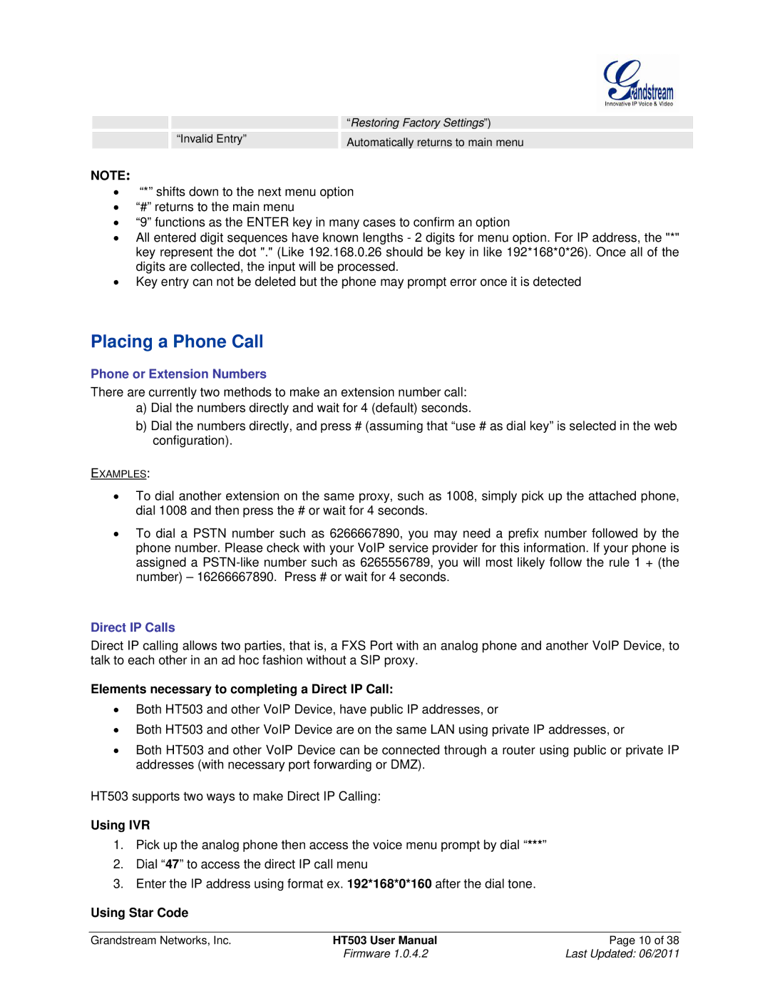 Grandstream Networks HT503 user manual Placing a Phone Call, Phone or Extension Numbers 