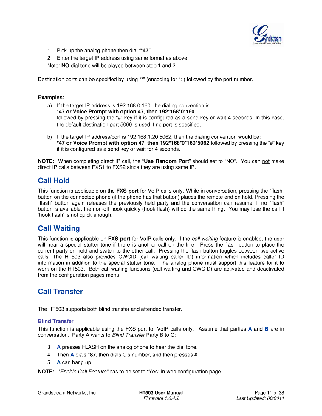 Grandstream Networks HT503 user manual Call Hold, Call Waiting, Call Transfer 