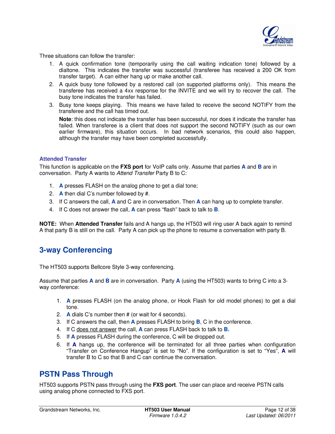 Grandstream Networks HT503 user manual Way Conferencing, Pstn Pass Through 