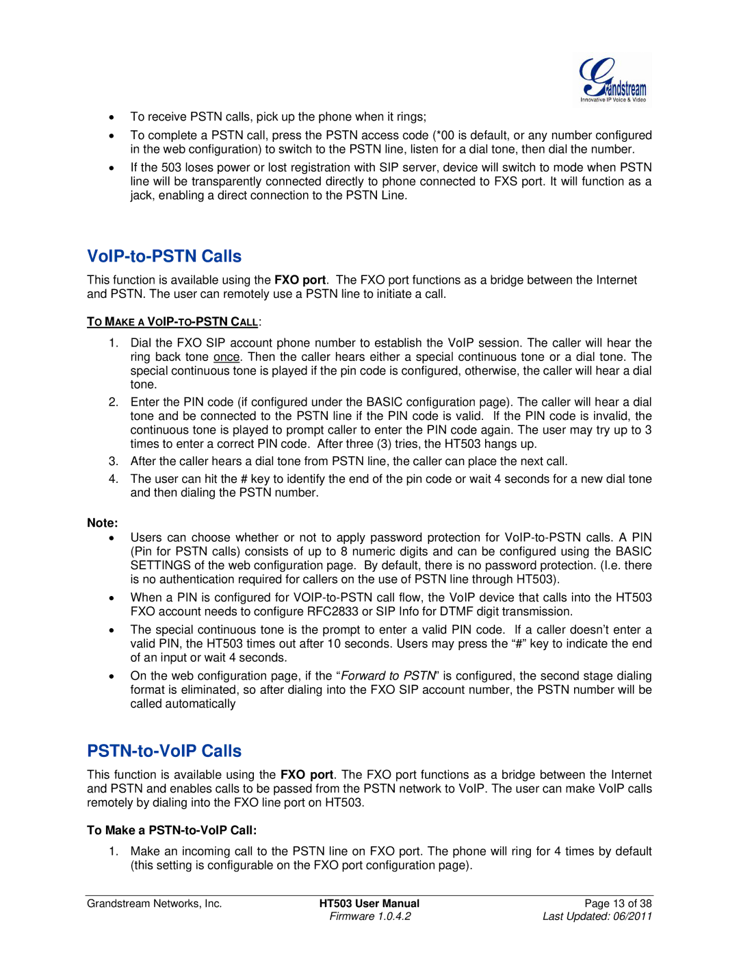 Grandstream Networks HT503 user manual VoIP-to-PSTN Calls, PSTN-to-VoIP Calls 