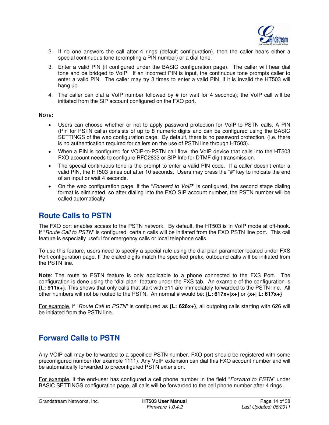 Grandstream Networks HT503 user manual Route Calls to Pstn, Forward Calls to Pstn 