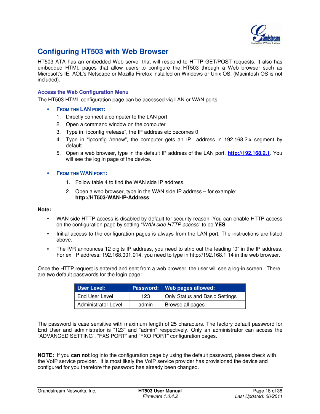 Grandstream Networks user manual Configuring HT503 with Web Browser, Access the Web Configuration Menu 