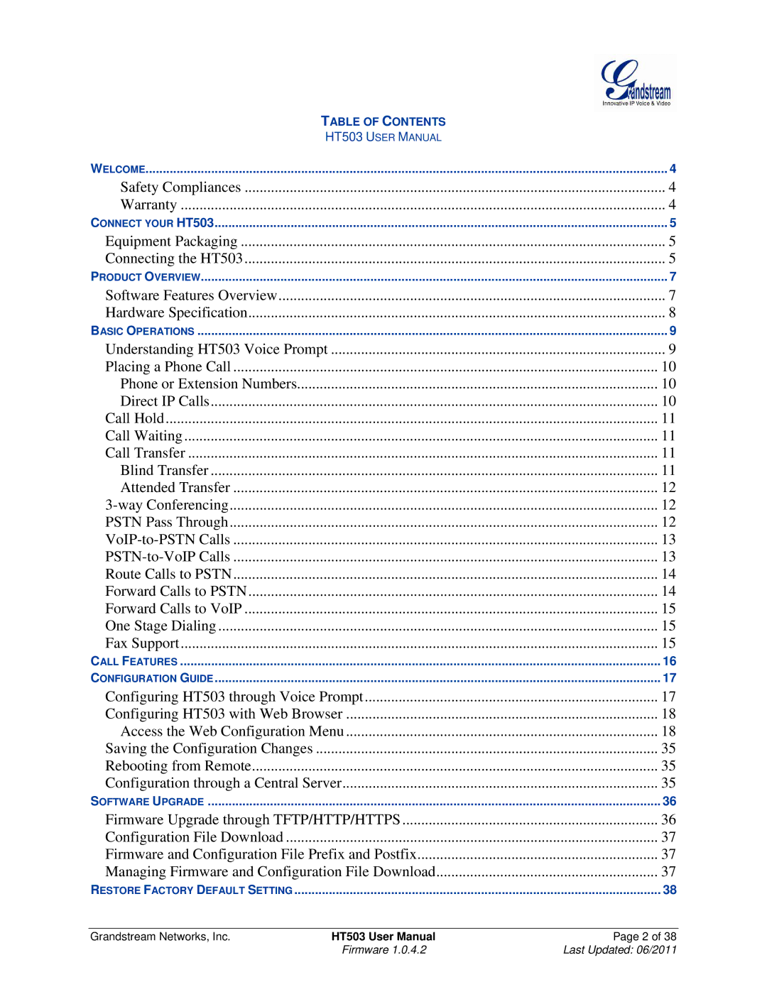 Grandstream Networks HT503 user manual Safety Compliances Warranty 