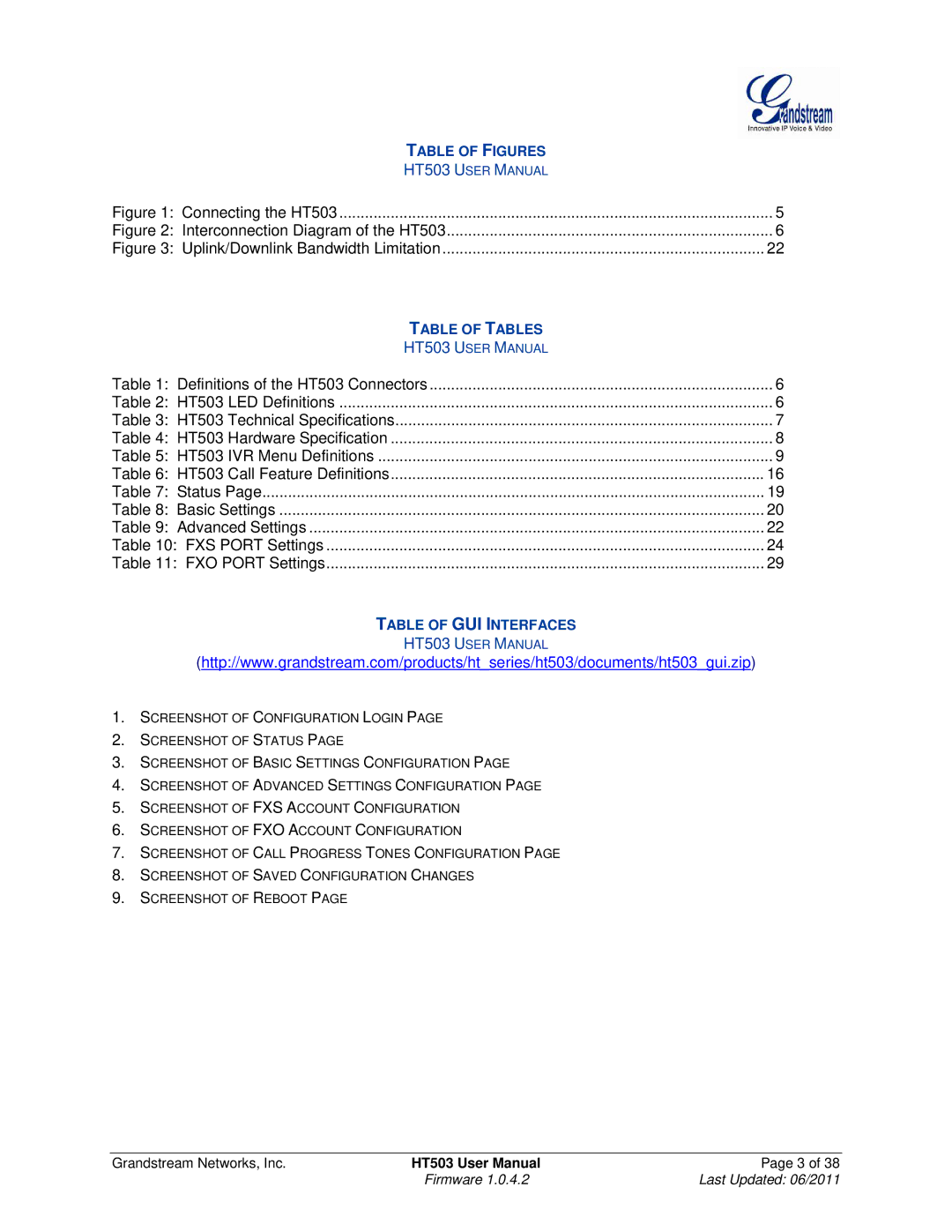 Grandstream Networks HT503 user manual Table of Figures 