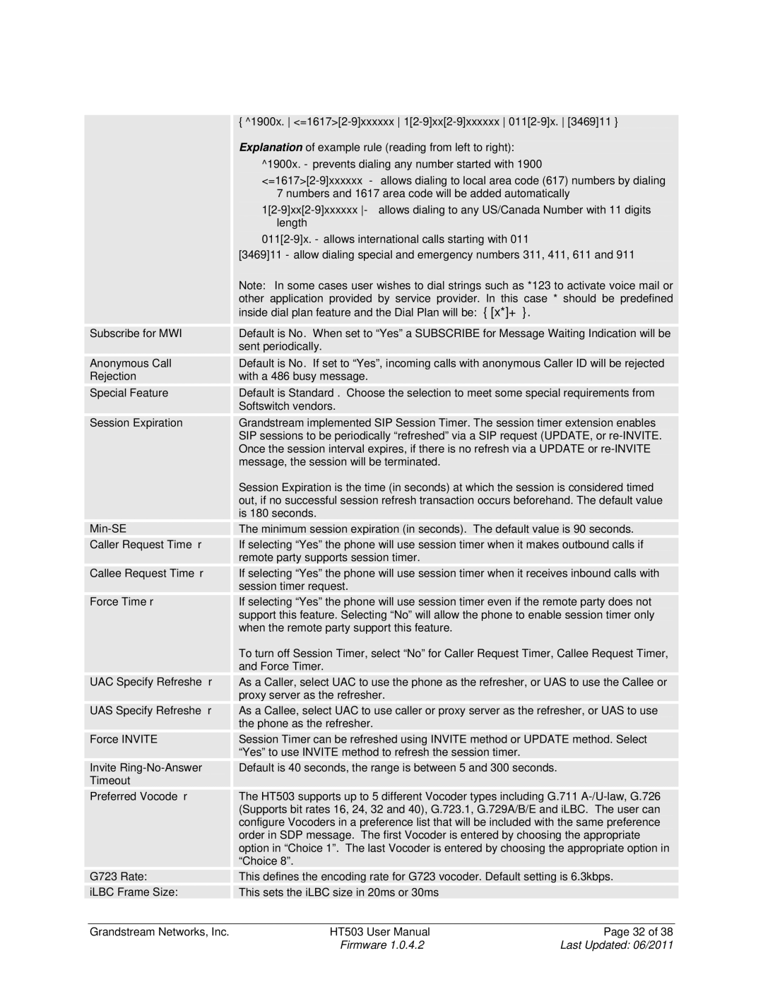 Grandstream Networks HT503 user manual Invite Ring-No-Answer, Timeout Preferred Vocoder 