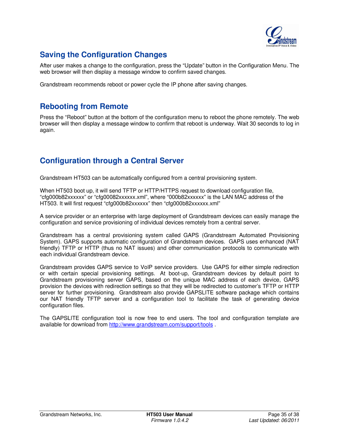 Grandstream Networks HT503 Saving the Configuration Changes, Rebooting from Remote, Configuration through a Central Server 