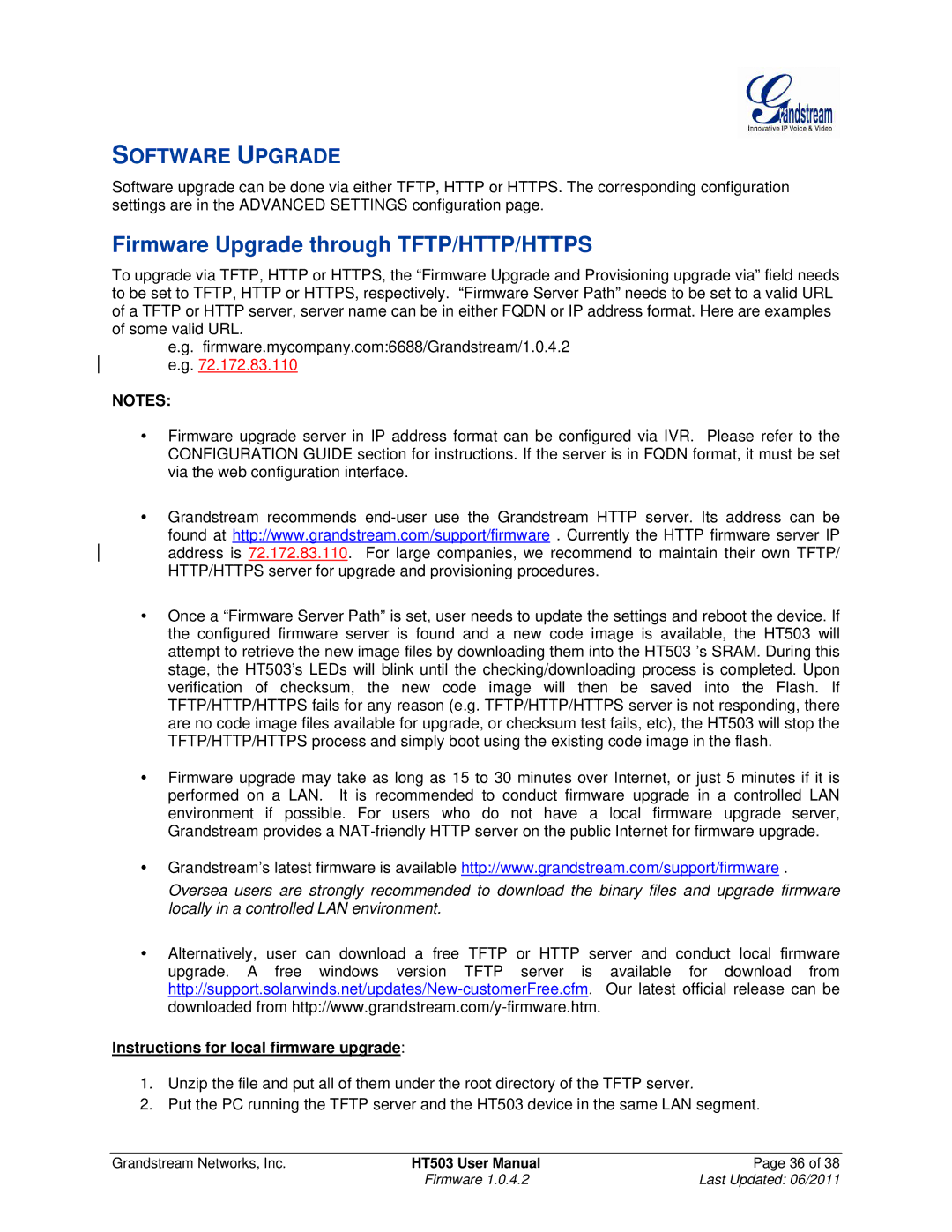 Grandstream Networks HT503 user manual Firmware Upgrade through TFTP/HTTP/HTTPS, Software Upgrade 