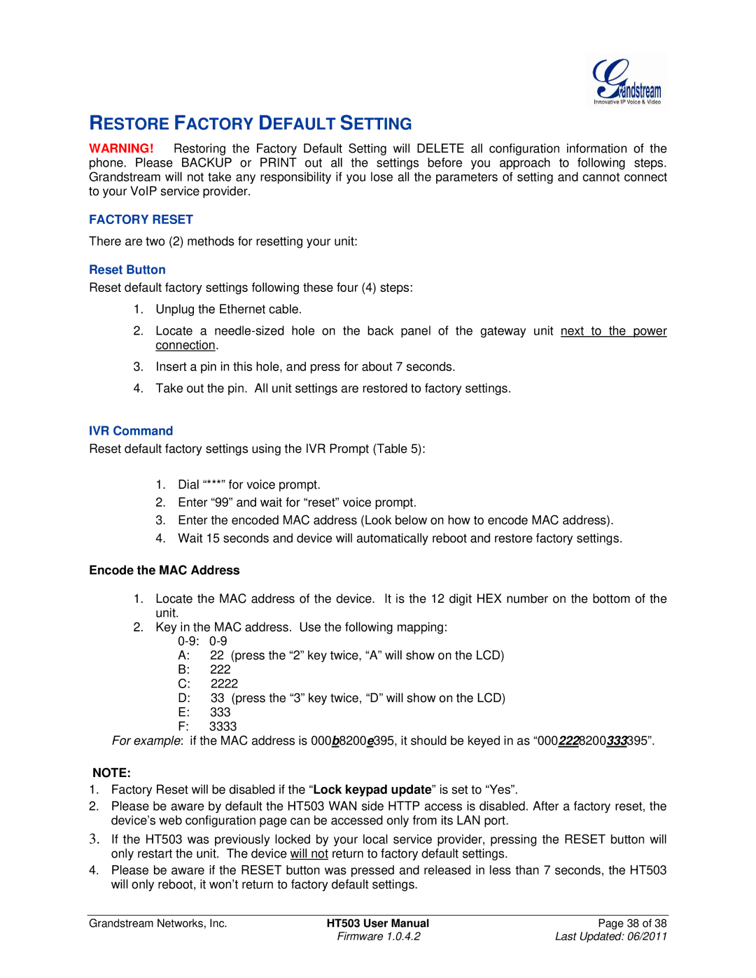 Grandstream Networks HT503 user manual Restore Factory Default Setting 