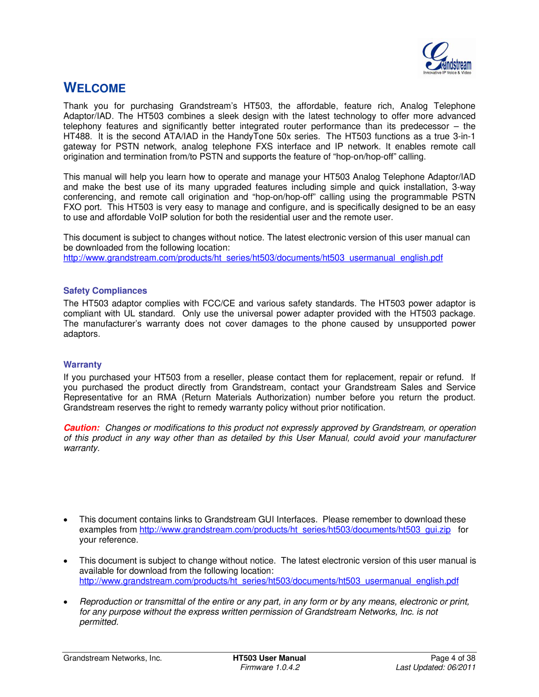 Grandstream Networks HT503 user manual Welcome 