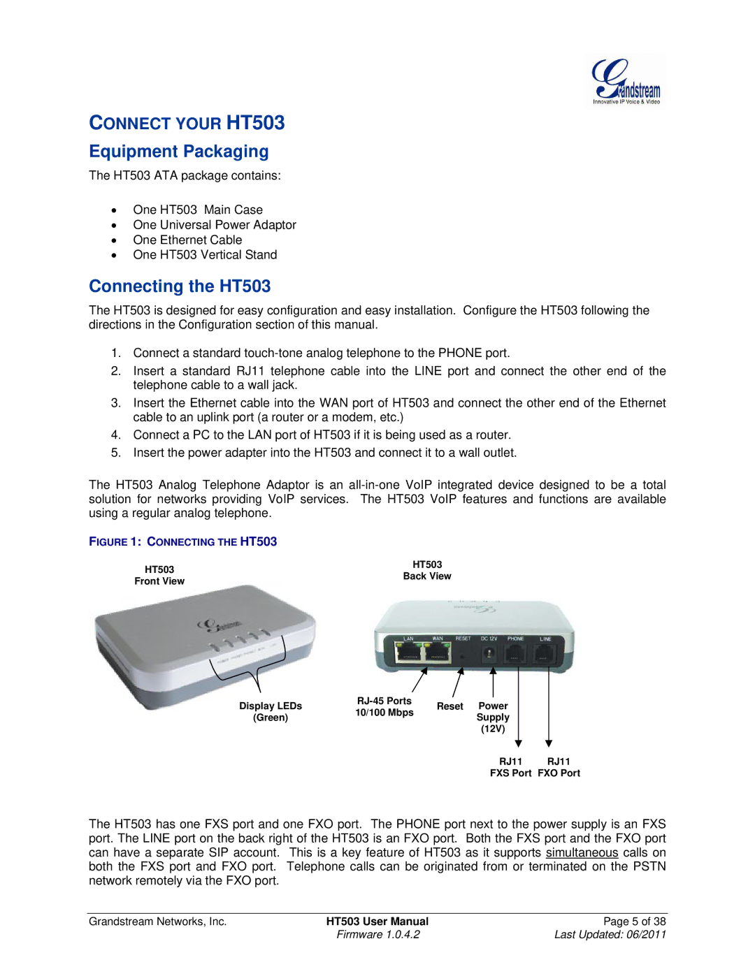 Grandstream Networks user manual Equipment Packaging, Connecting the HT503 