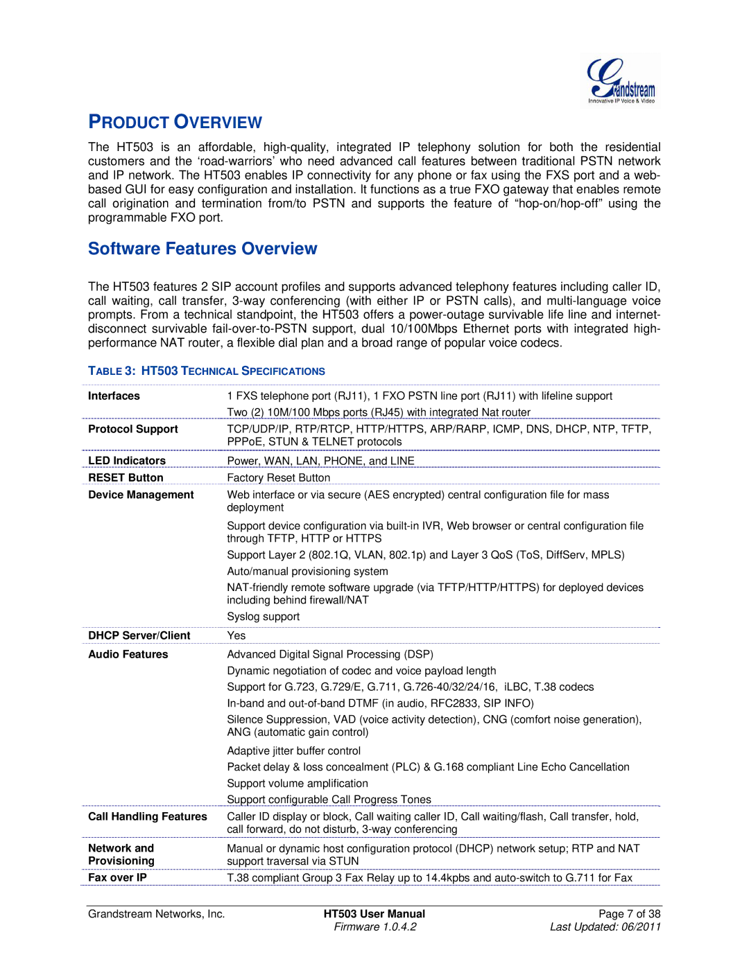 Grandstream Networks HT503 user manual Software Features Overview 