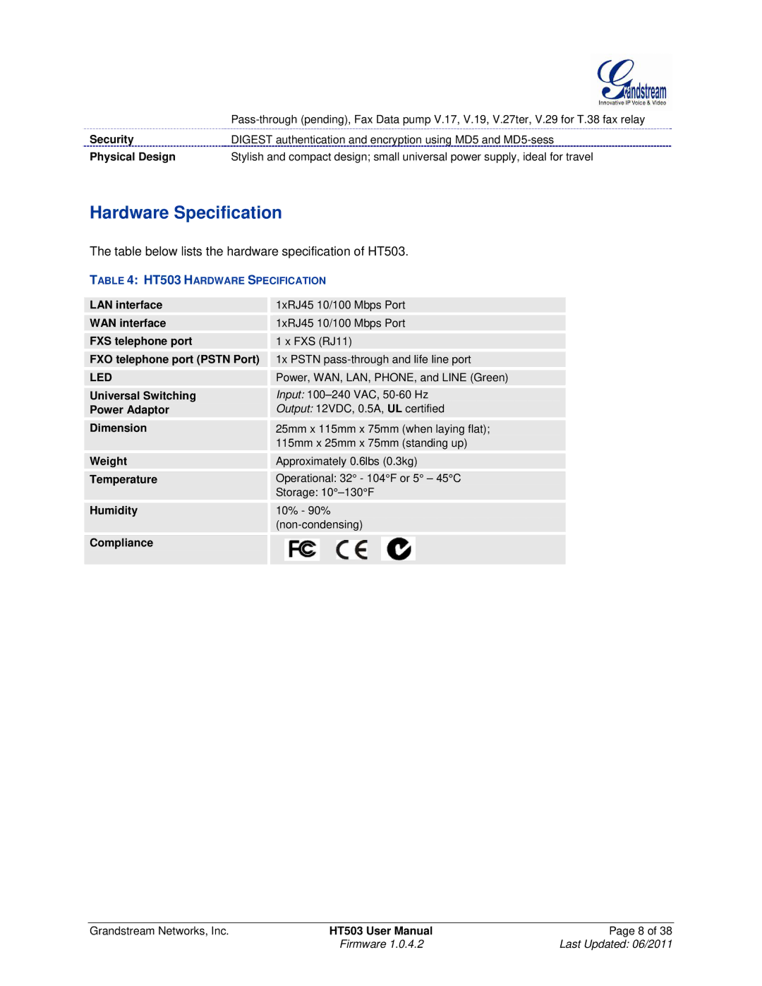 Grandstream Networks HT503 user manual Hardware Specification, Led 