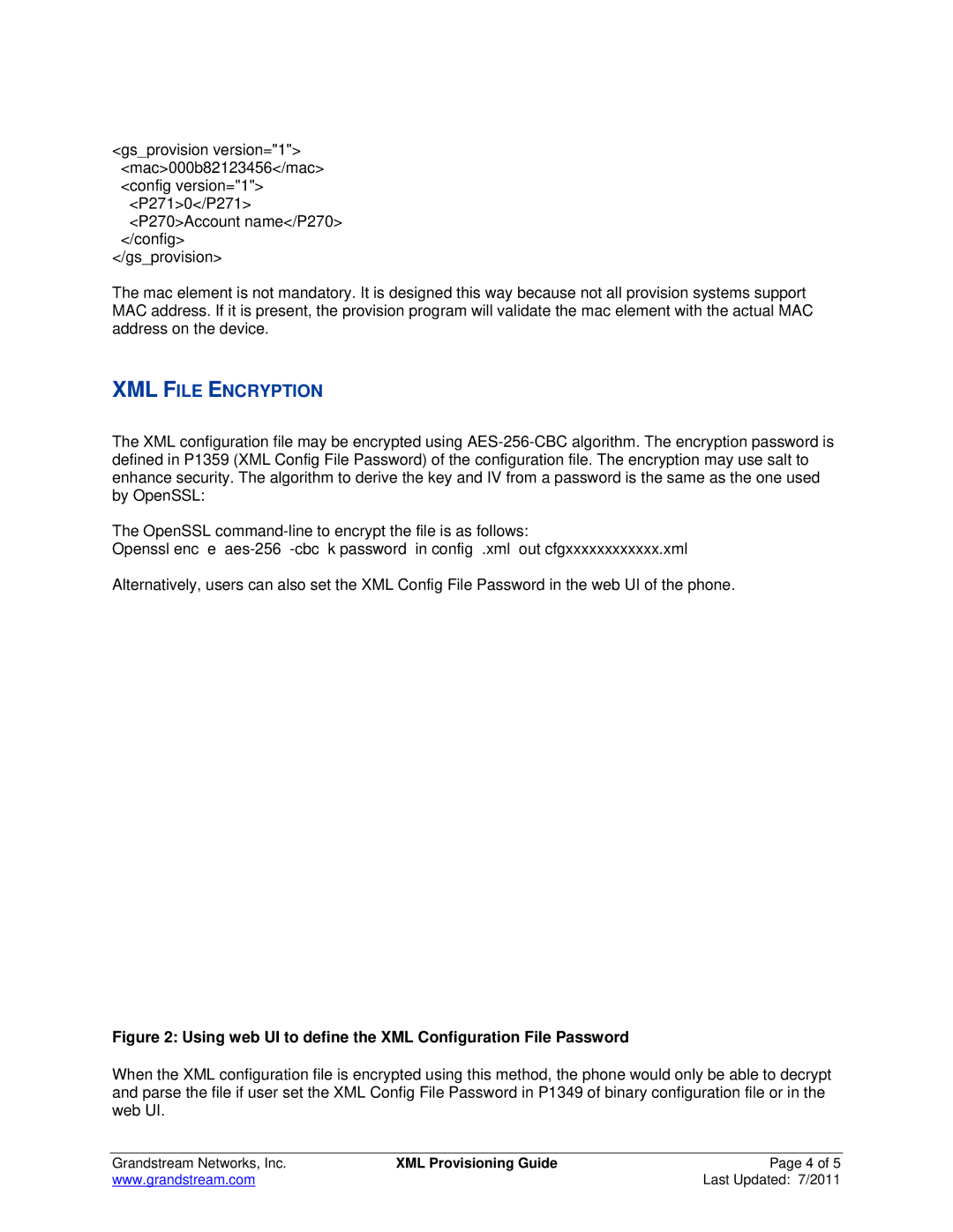 Grandstream Networks HT50X, GXV21XX manual XML File Encryption, Using web UI to define the XML Configuration File Password 