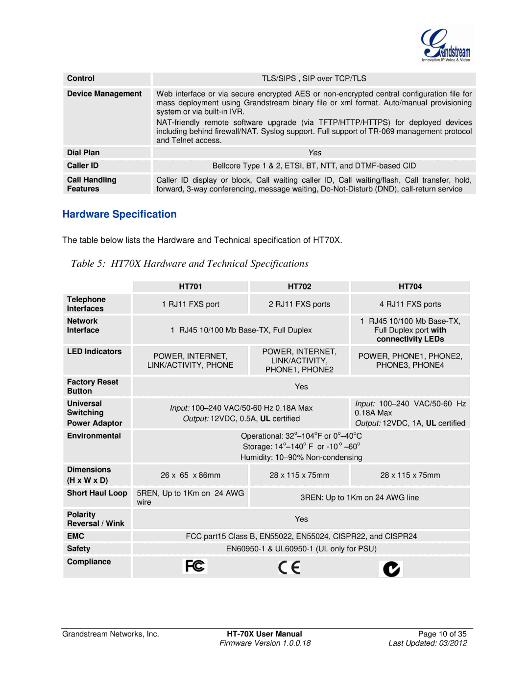 Grandstream Networks HT702, HT704, HT701 user manual Hardware Specification, HT70X Hardware and Technical Specifications, Emc 