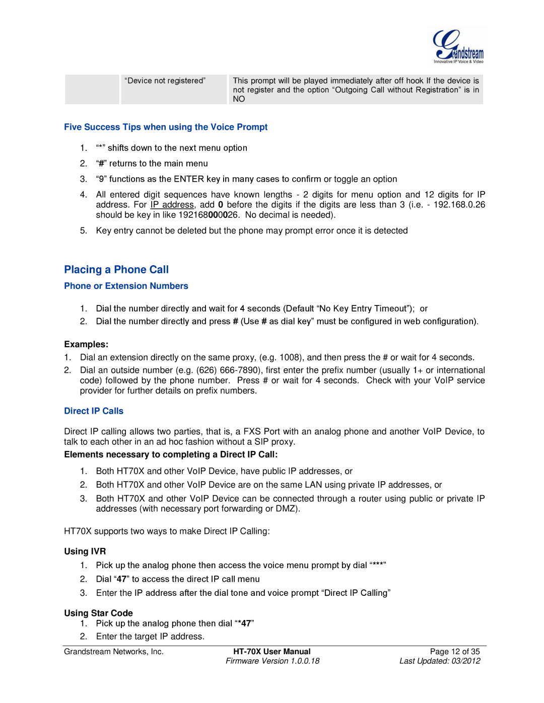 Grandstream Networks HT704 Placing a Phone Call, Examples, Elements necessary to completing a Direct IP Call, Using IVR 