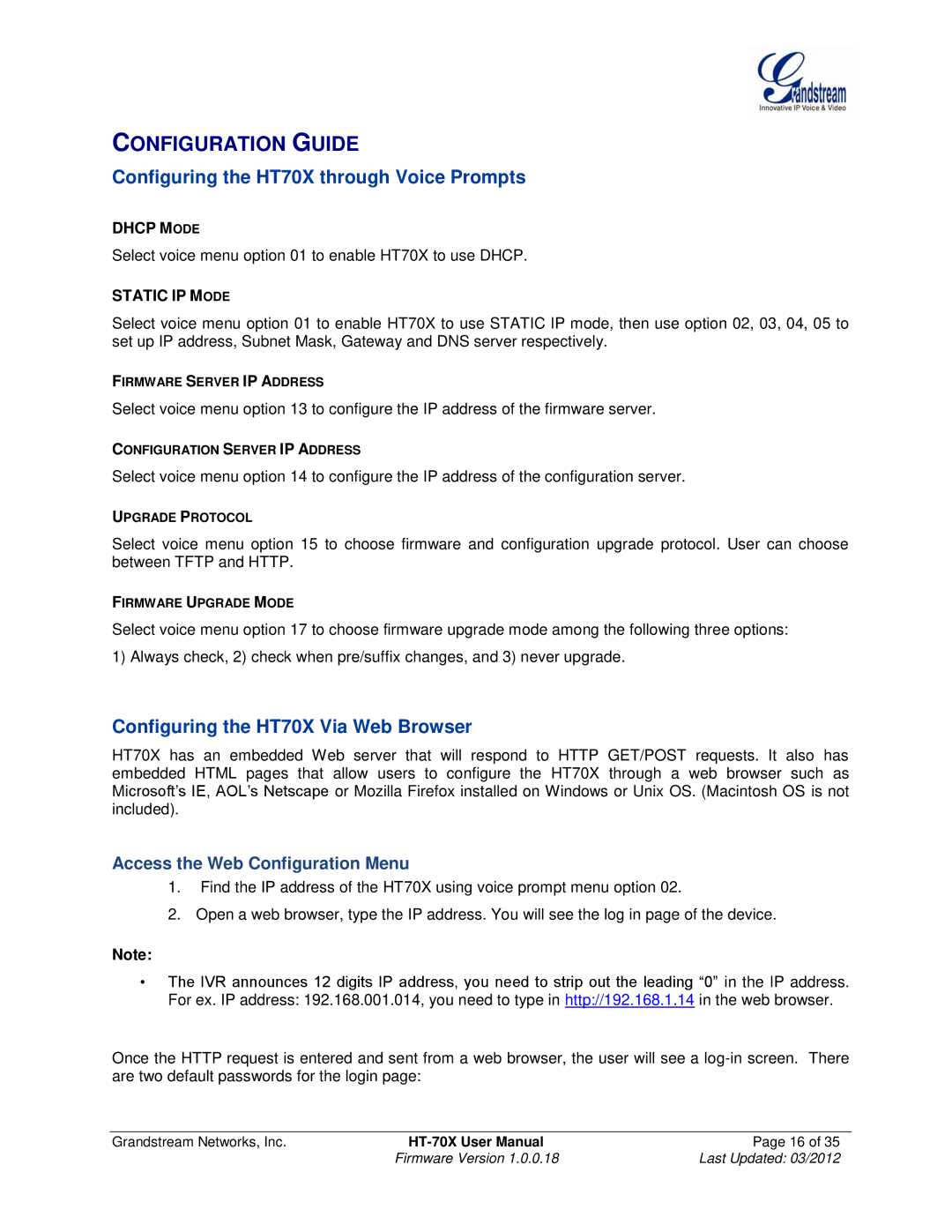 Grandstream Networks HT702, HT704, HT701 user manual Configuration Guide, Configuring the HT70X through Voice Prompts 