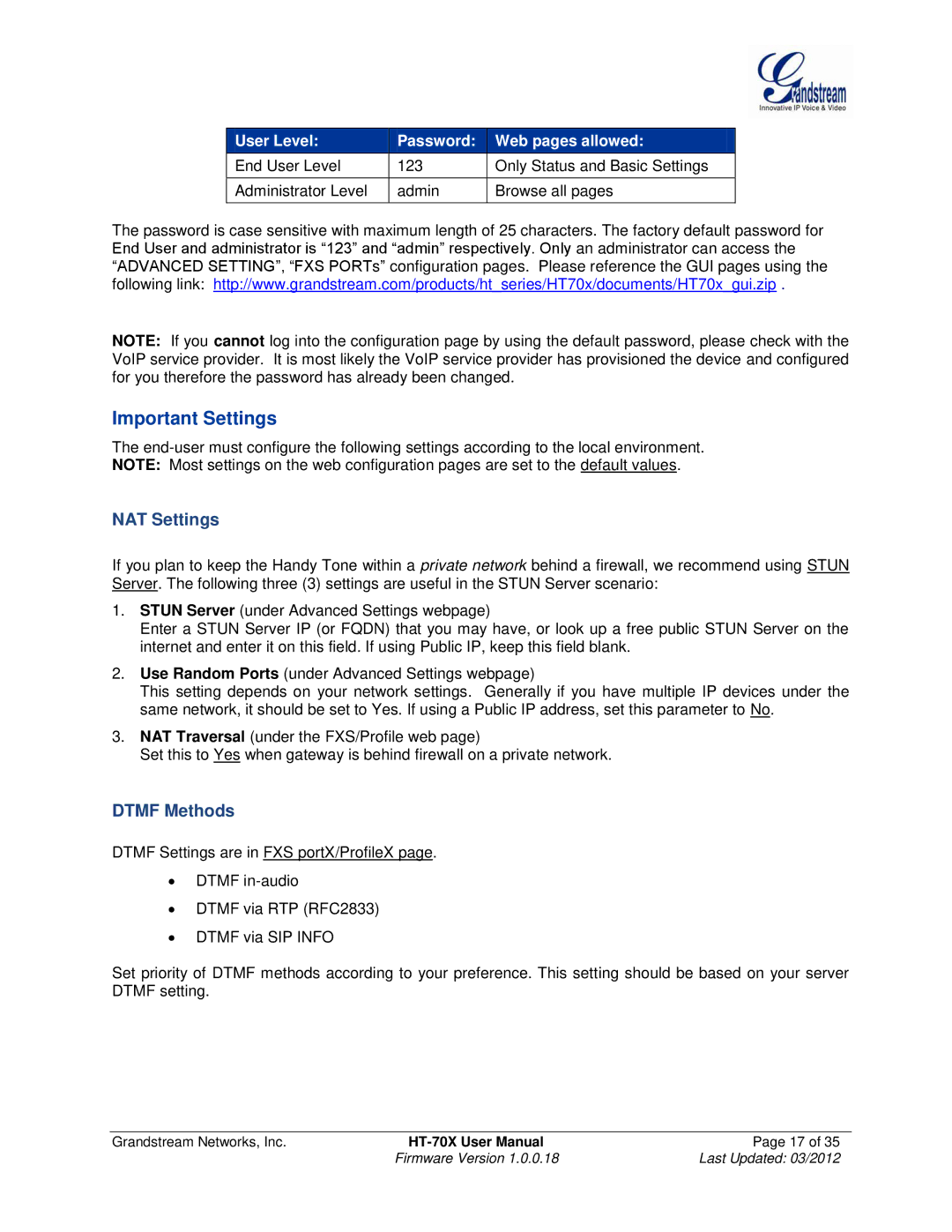 Grandstream Networks HT701, HT704, HT702 user manual Important Settings, NAT Settings 