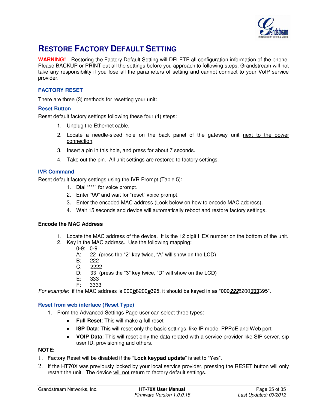 Grandstream Networks HT701, HT704, HT702 user manual Restore Factory Default Setting, Encode the MAC Address 