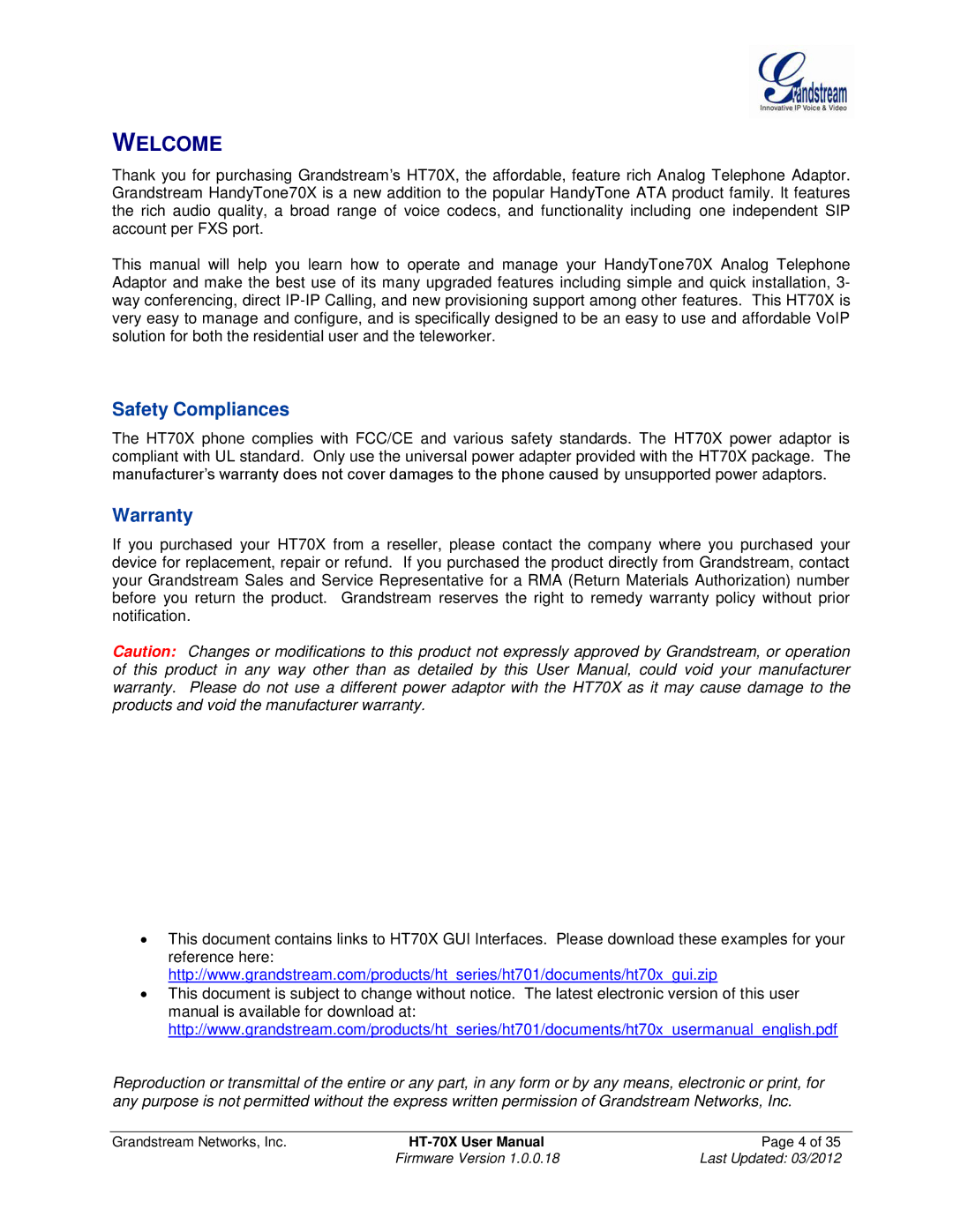 Grandstream Networks HT702, HT704, HT701 user manual Welcome, Safety Compliances, Warranty 