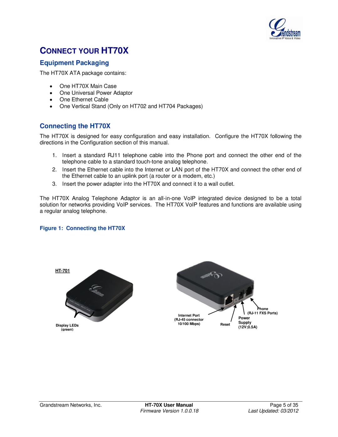 Grandstream Networks HT701, HT704, HT702 user manual Connect Your HT70X, Equipment Packaging, Connecting the HT70X 