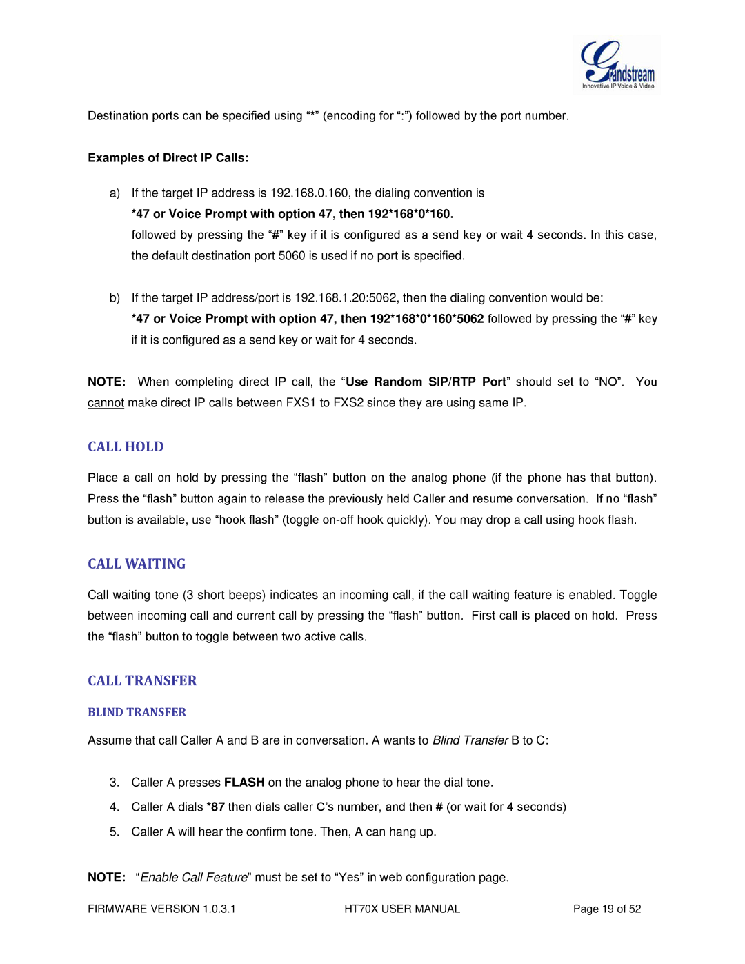 Grandstream Networks HT702, HT704 user manual Call Hold, Call Waiting, Call Transfer 