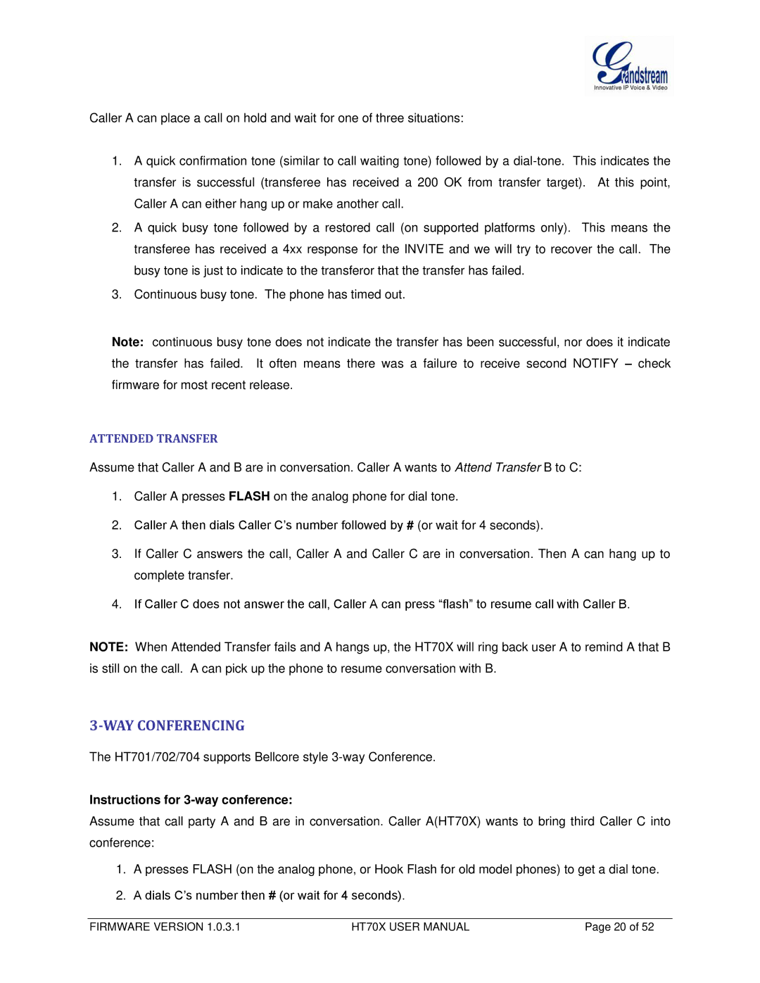 Grandstream Networks HT704, HT702 user manual WAY Conferencing, Attended Transfer 