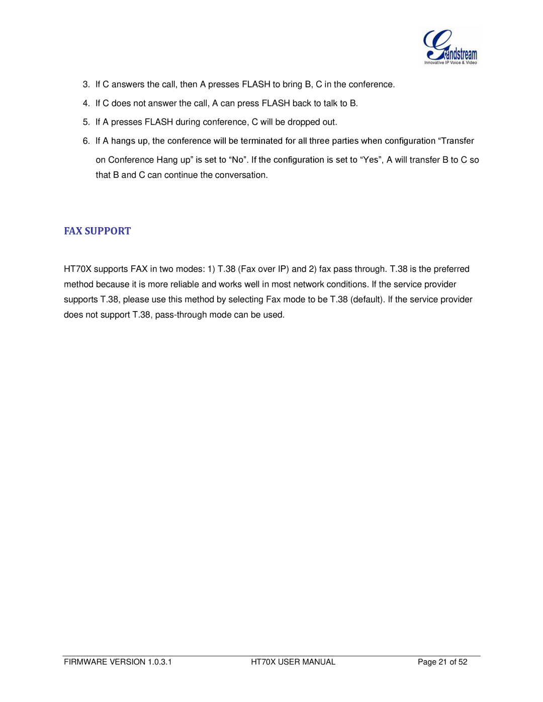 Grandstream Networks HT702, HT704 user manual FAX Support 