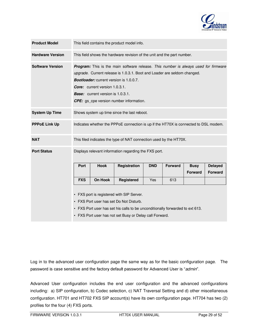 Grandstream Networks HT702, HT704 user manual Nat, Dnd, Forward Busy Delayed, Fxs 