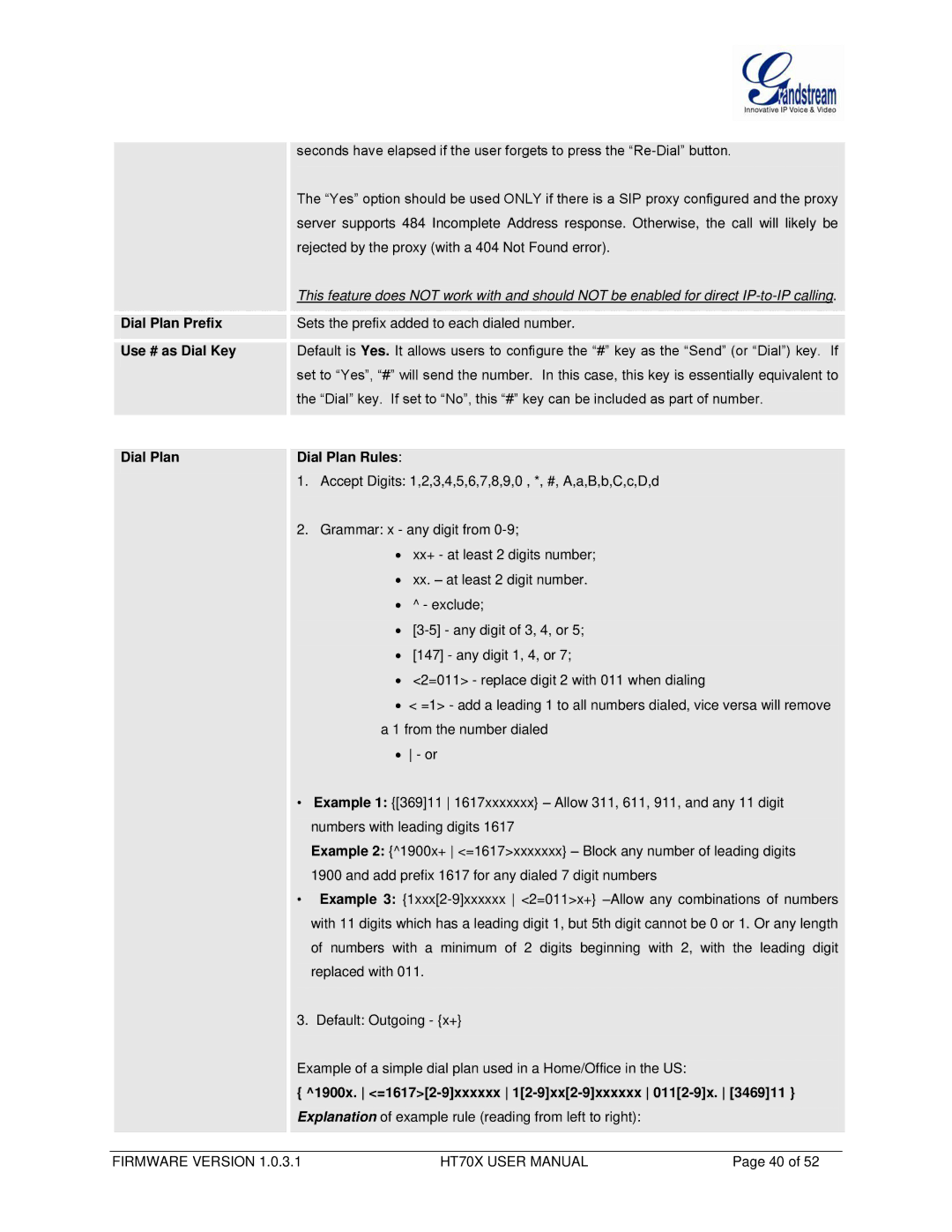 Grandstream Networks HT704, HT702 user manual Dial Plan Prefix, Use # as Dial Key, Dial Plan Dial Plan Rules 