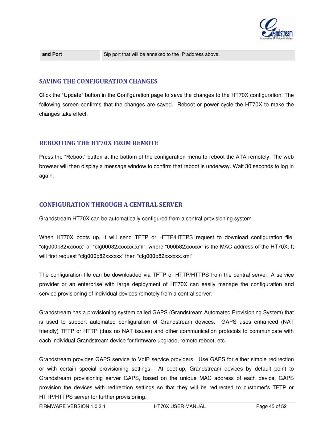 Grandstream Networks HT702, HT704 user manual Saving the Configuration Changes, Rebooting the HT70X from Remote 