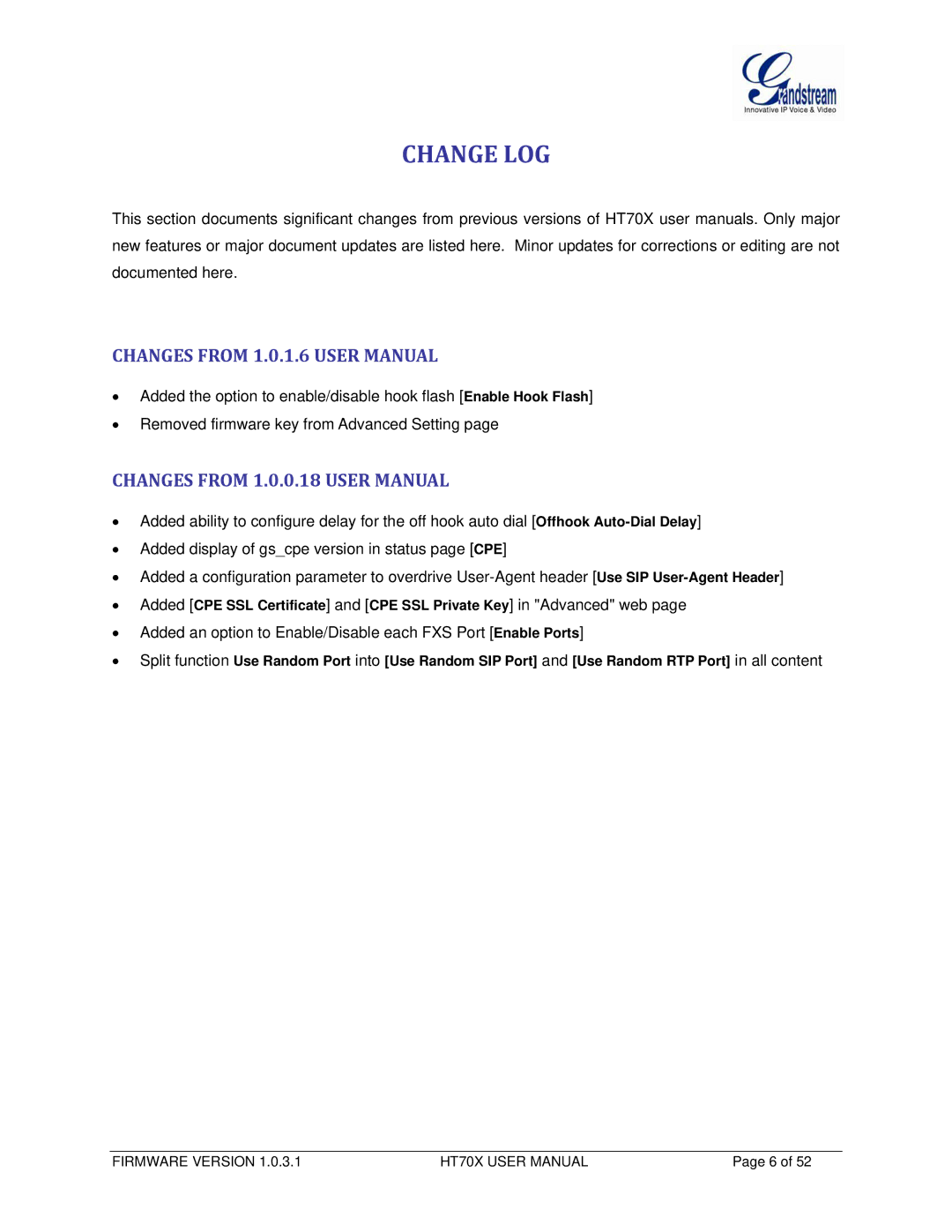 Grandstream Networks HT704, HT702 user manual Change LOG 