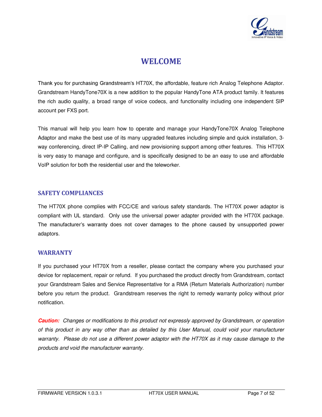 Grandstream Networks HT702, HT704 user manual Welcome, Safety Compliances, Warranty 