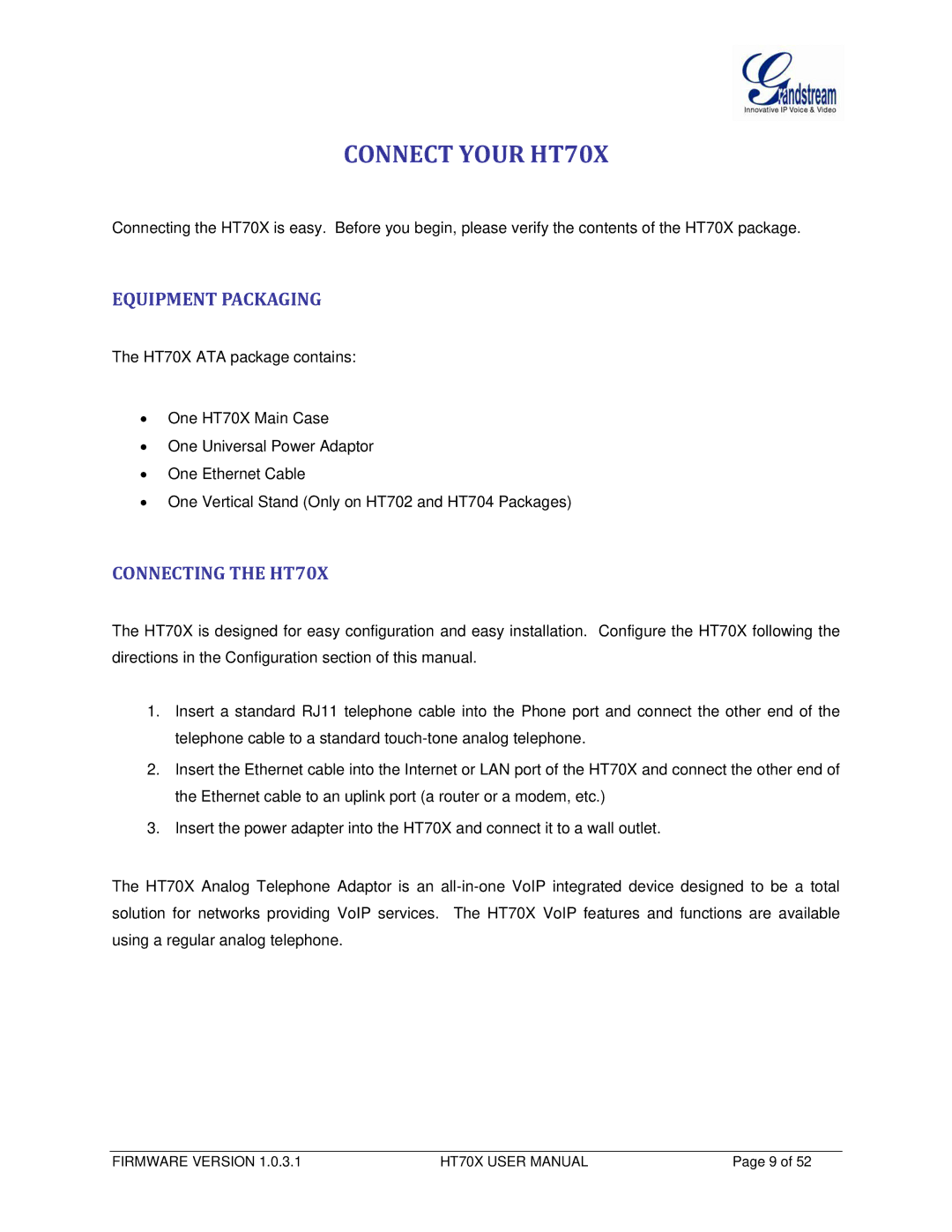 Grandstream Networks HT702, HT704 user manual Connect Your HT70X, Equipment Packaging, Connecting the HT70X 