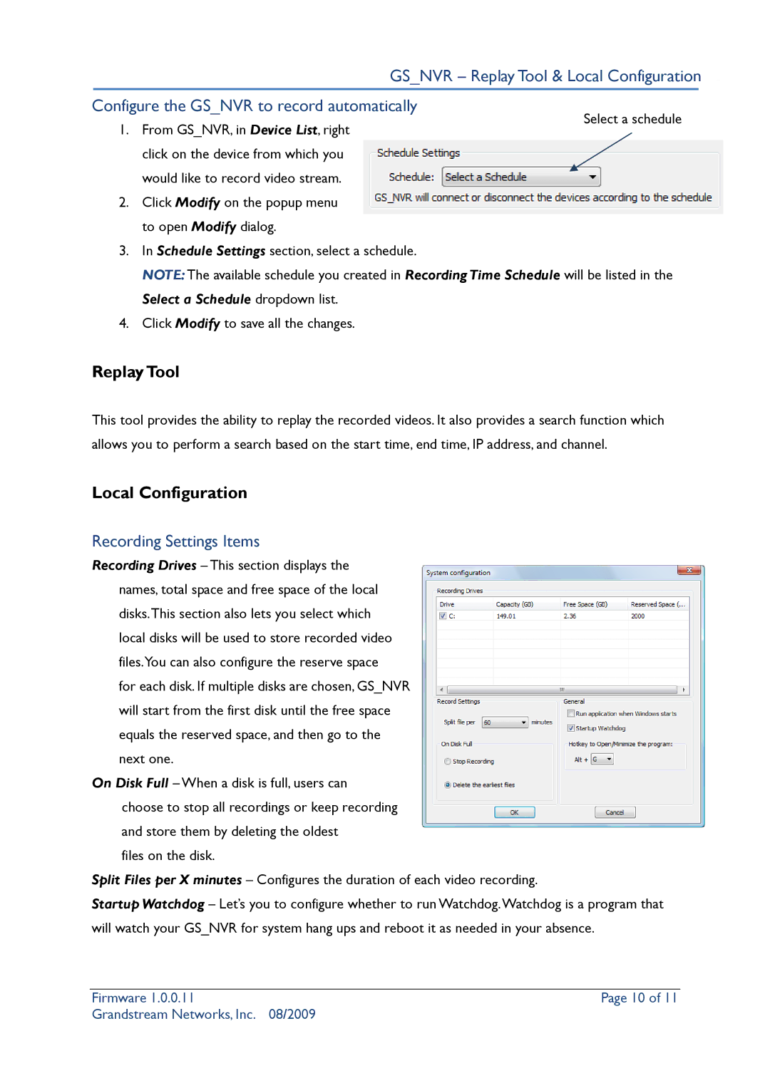 Grandstream Networks Security Camera user manual Replay Tool, Local Configuration, Recording Settings Items 