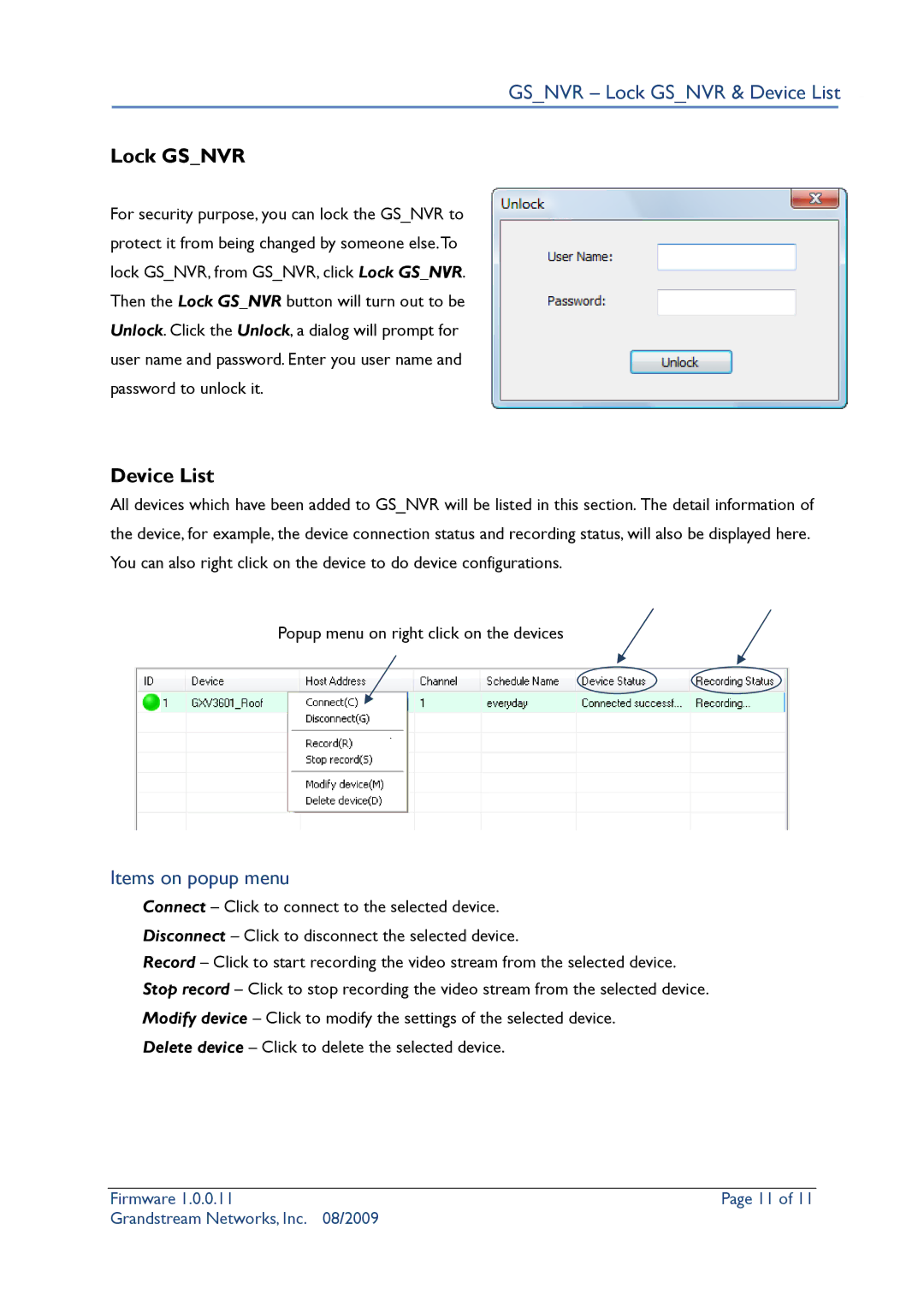 Grandstream Networks Security Camera user manual Gsnvr Lock Gsnvr & Device List, Items on popup menu 