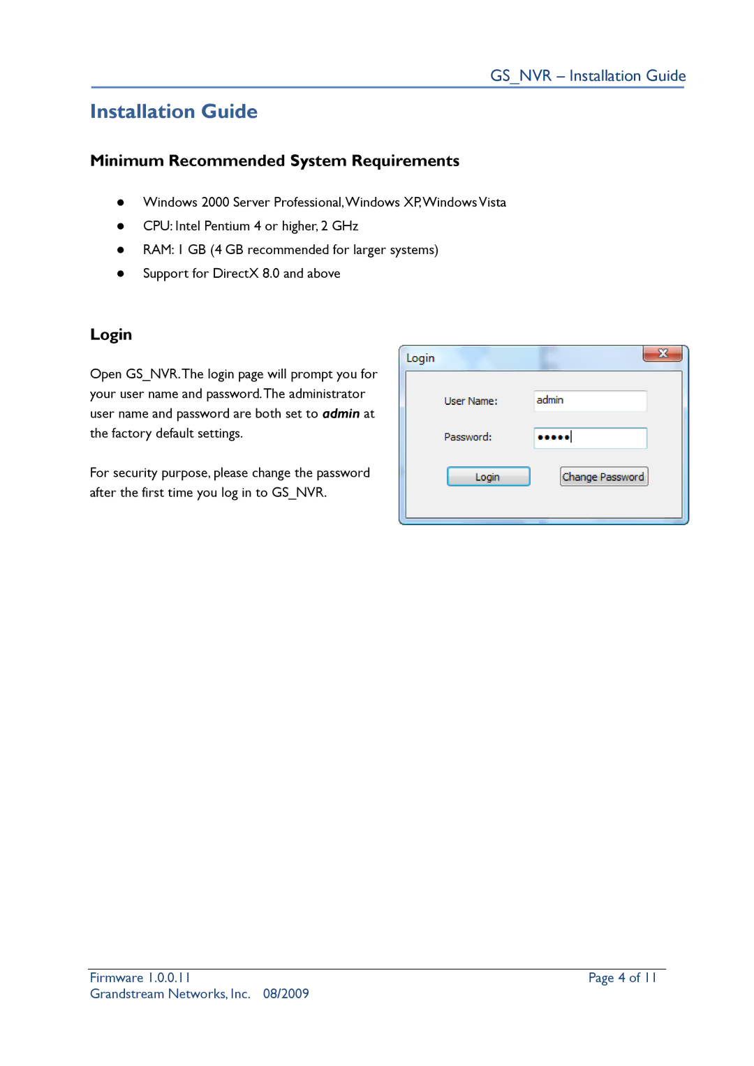 Grandstream Networks Security Camera Gsnvr Installation Guide, Minimum Recommended System Requirements, Login 