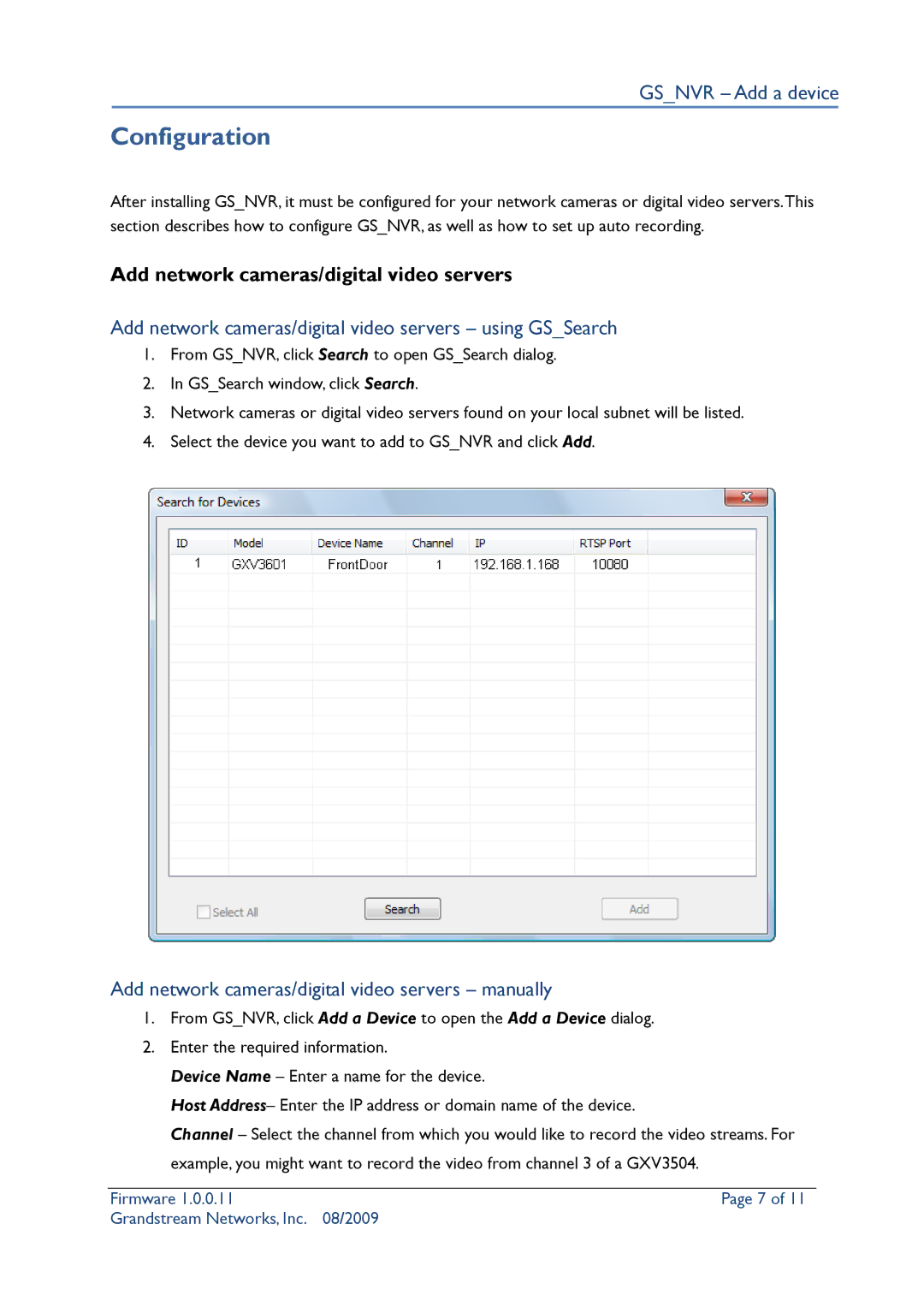 Grandstream Networks Security Camera Configuration, Gsnvr Add a device, Add network cameras/digital video servers 