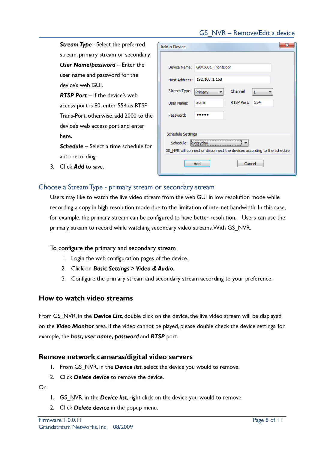 Grandstream Networks Security Camera Gsnvr Remove/Edit a device, Choose a Stream Type primary stream or secondary stream 