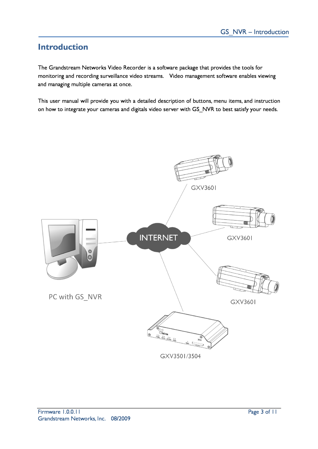 Grandstream Networks Security Camera GSNVR - Introduction, Page 3 of, Firmware, Grandstream Networks, Inc, 08/2009 
