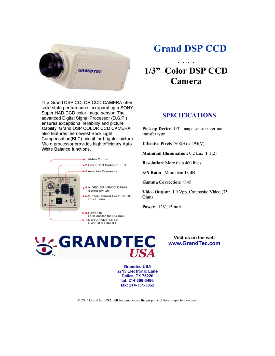 GrandTec CCD-2000 specifications Grand DSP CCD, Color DSP CCD Camera, Specifications, Visit us on the web 