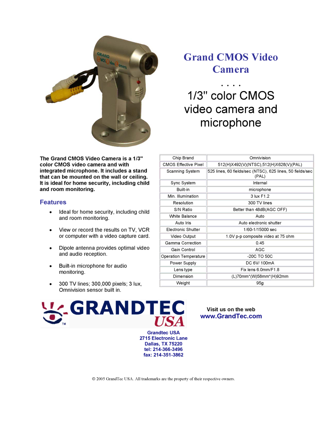 GrandTec CMS-1000 manual Color Cmos video camera and microphone, Features, Visit us on the web, Pal, Agc 