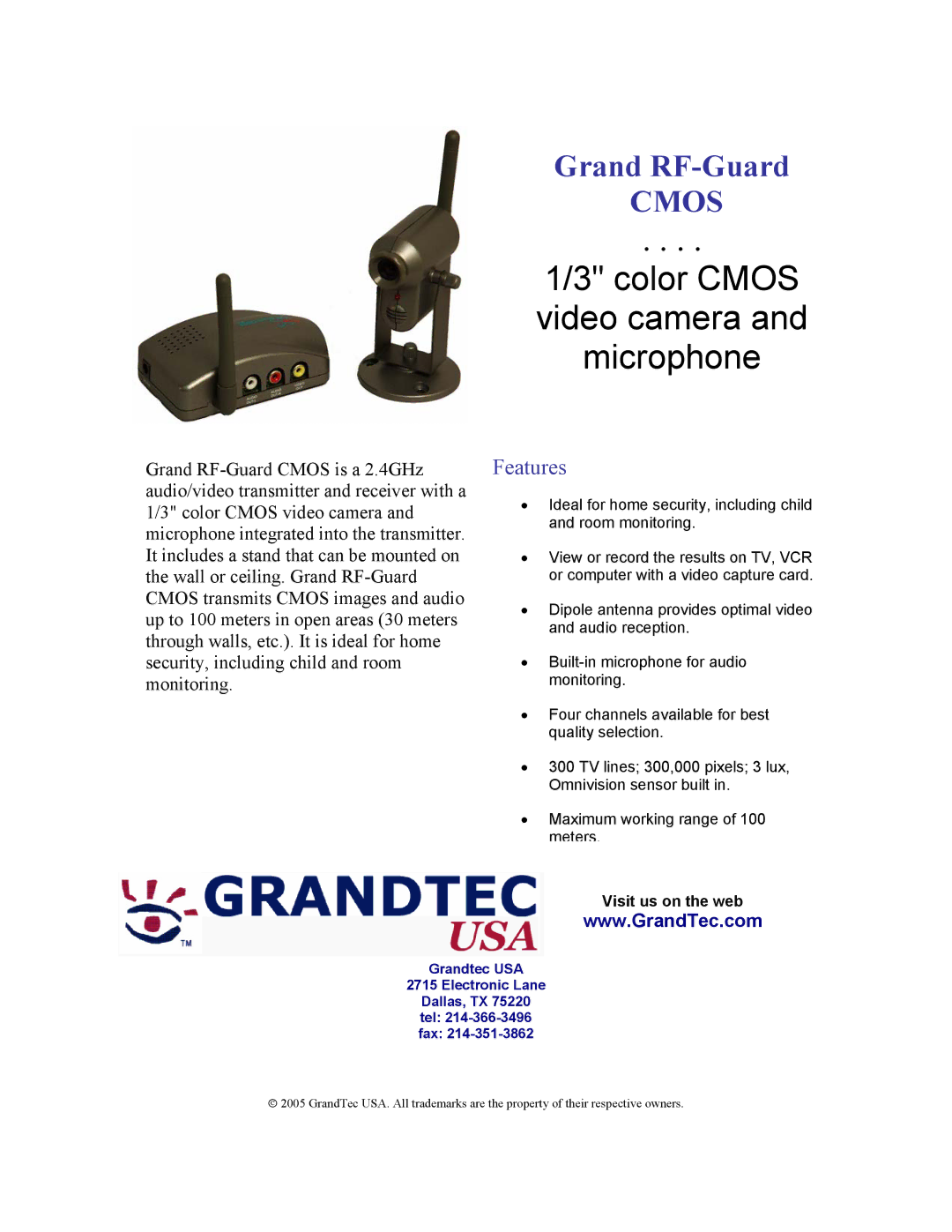 GrandTec CMS-4000 manual Color Cmos video camera and microphone, Features, Visit us on the web 