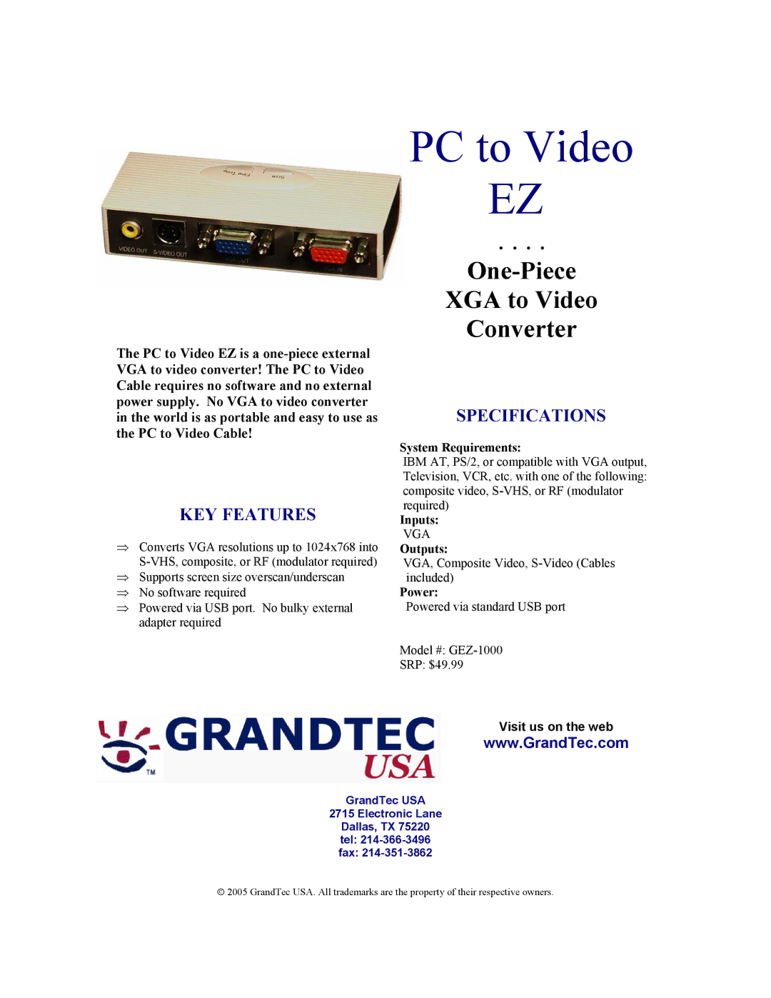 GrandTec GEZ-1000 specifications PC to Video, One-Piece XGA to Video Converter, KEY Features, Specifications 