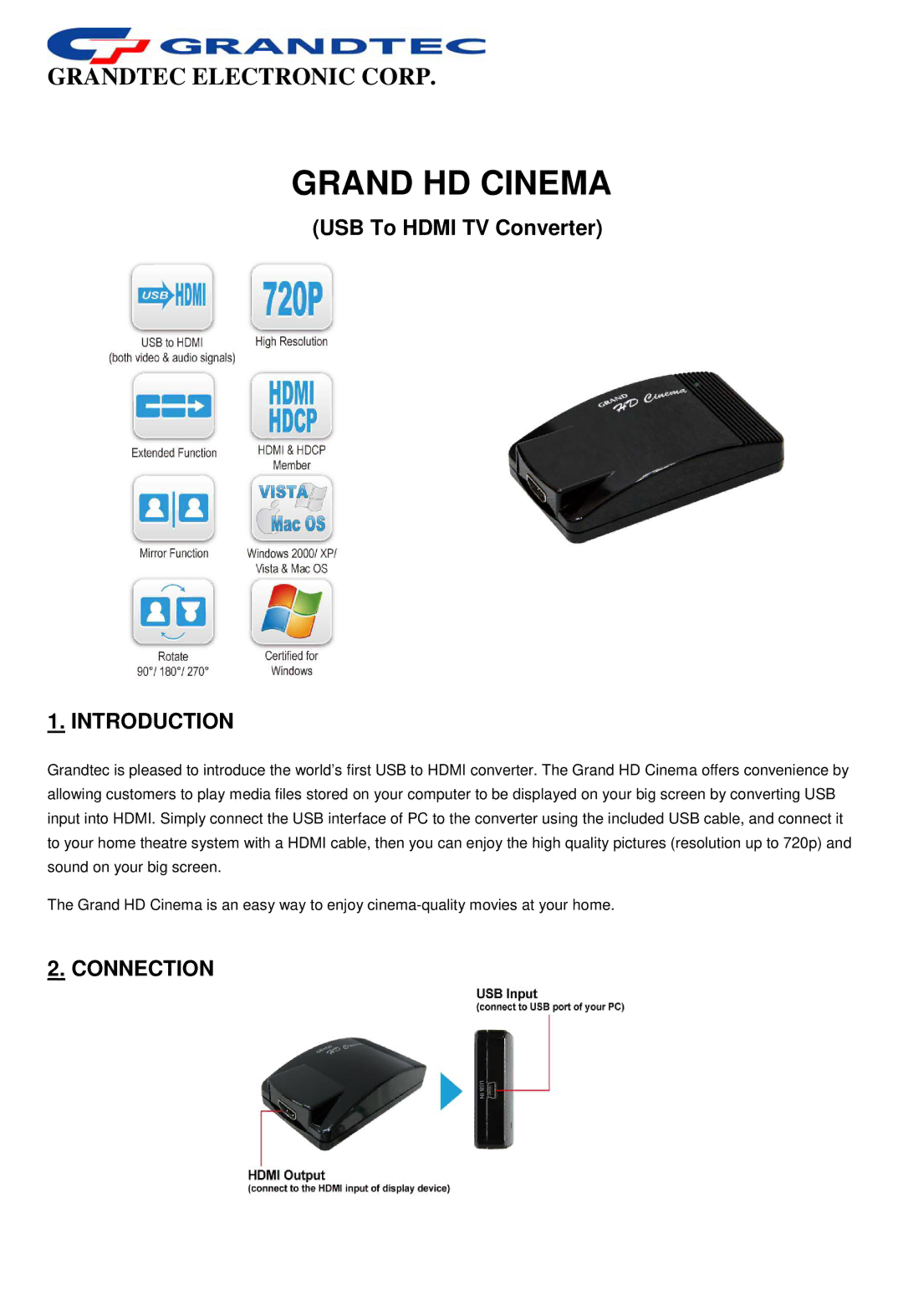 GrandTec GHD-2000 manual Introduction, Connection 